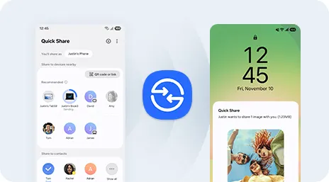 Na obrazie widoczne są dwa ekrany smartfonów z funkcją Quick Share oraz niebieski symbol udostępniania. Ekrany są na jasnym tle.