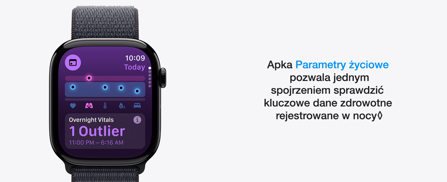 Na zdjęciu jest zegarek Apple Watch z ciemnoszarą bransoletą. Na fioletowym ekranie widoczne są dane z aplikacji zdrowotnej.