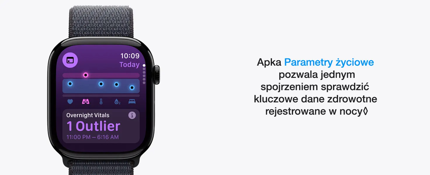 Na zdjęciu jest zegarek Apple Watch z ciemnoszarą bransoletą. Na fioletowym ekranie widoczne są dane z aplikacji zdrowotnej.