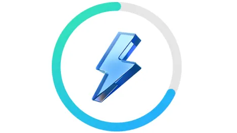 Ikona błyskawicy w środku okręgu postępu; turkusowo‑niebieski pasek wypełnia większość obwodu, reszta szara — symbol szybkiego ładowania.