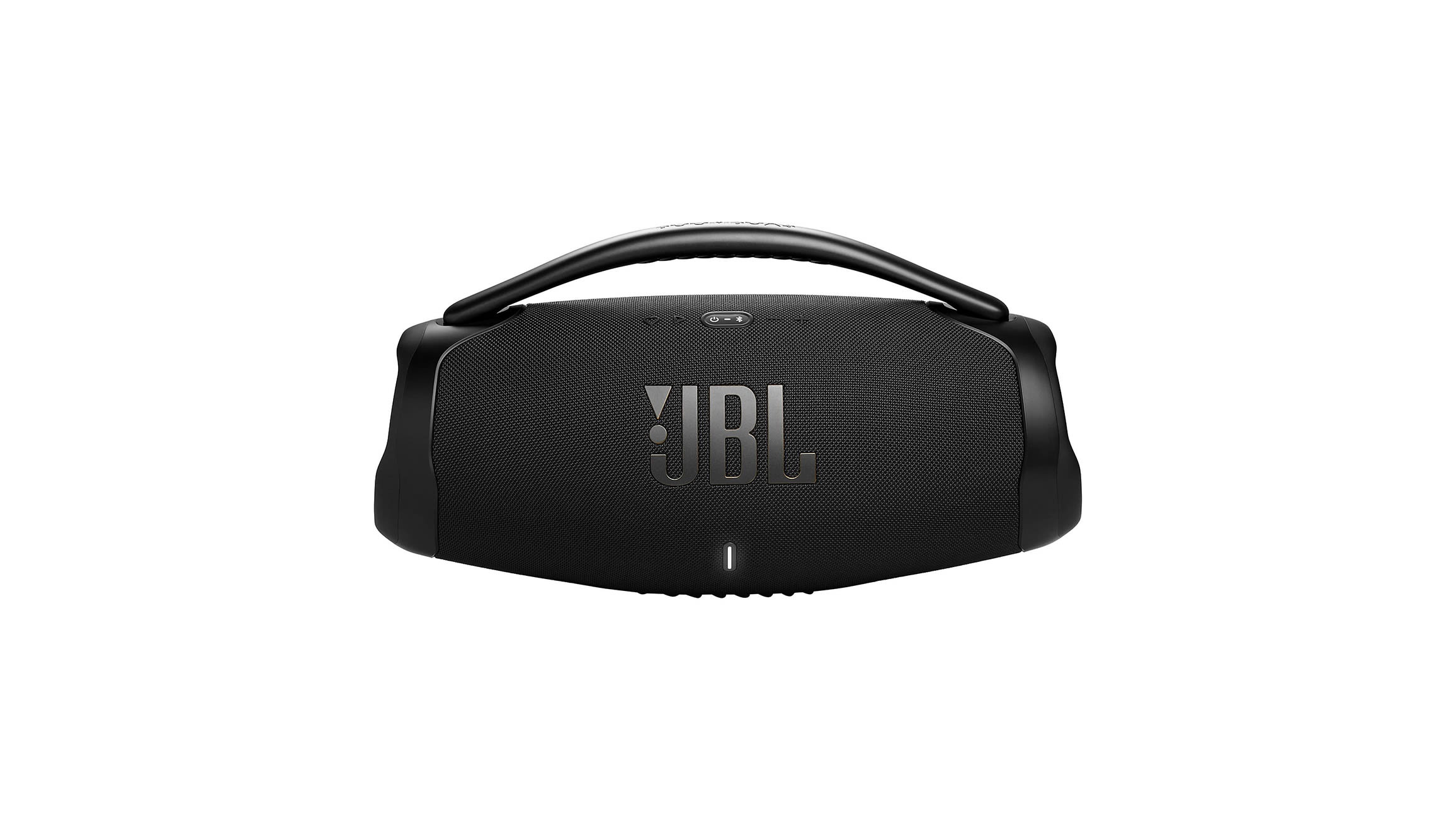 Czarny głośnik jbl na białym tle.