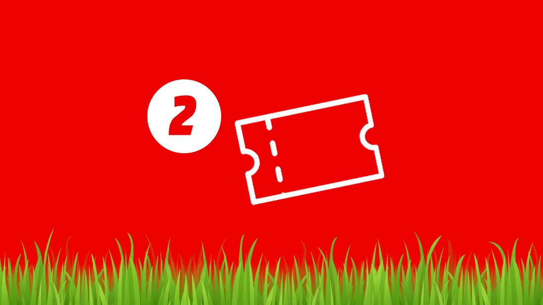 Czerwone tło, u dołu trawka. Na środku ikona kuponu obok liczba 2.