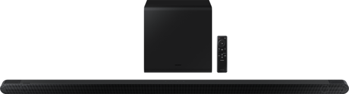 Czarny soundbar leży poziomo na dole, a za nim pionowo stoi czarny subwoofer i pilot.