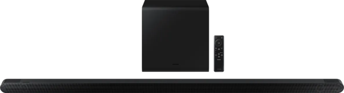 Czarny soundbar leży poziomo na dole, a za nim pionowo stoi czarny subwoofer i pilot.