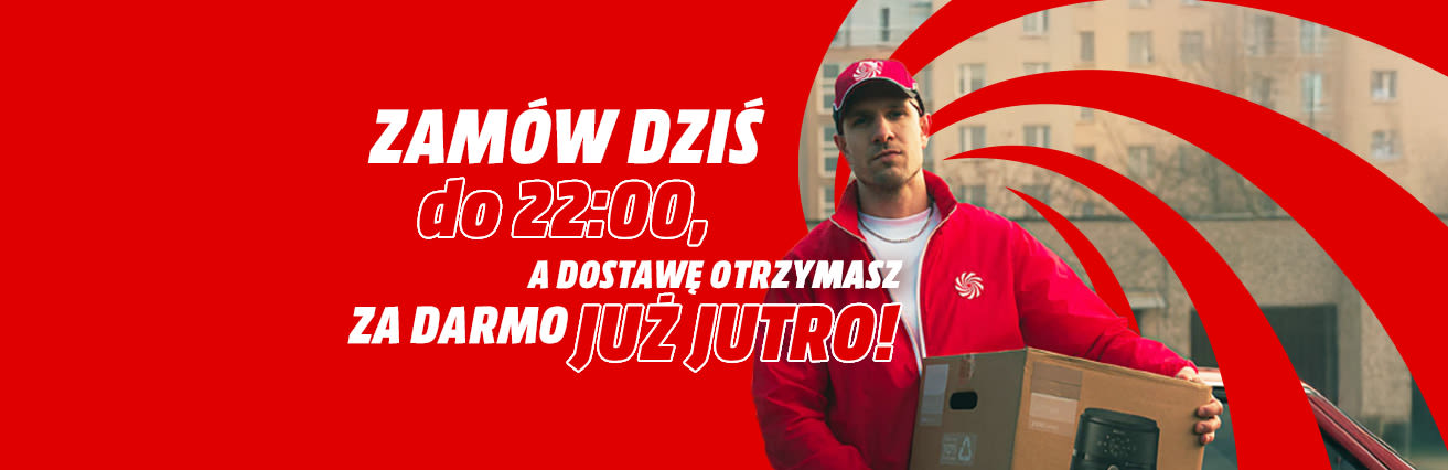 Zamów dziś do 22:00, a dostawę otrzymasz za darmo już jutro!". Mężczyzna trzyma karton na tle bloków.