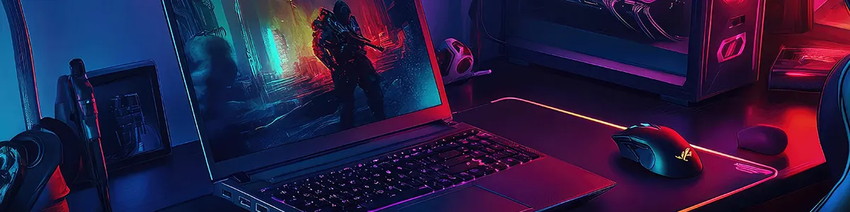 Laptop z grą, mysz na podkładce, komputer stacjonarny w tle, wszystko oświetlone neonowym światłem.