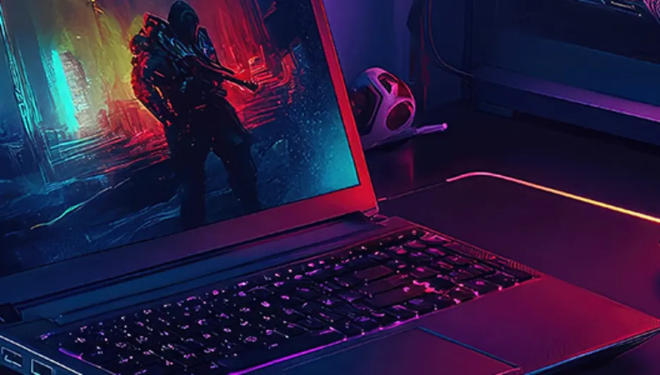 Laptop z grą, mysz na podkładce, komputer stacjonarny w tle, wszystko oświetlone neonowym światłem.