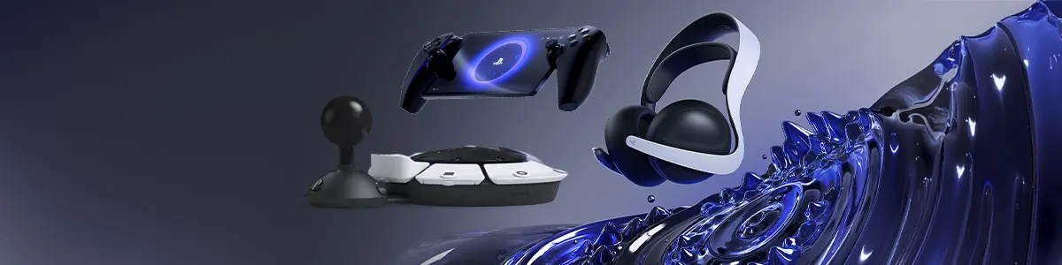 Na obrazie widoczne są kontrolery do gier, słuchawki, joystick i płynna, niebieska tekstura na ciemnym tle.