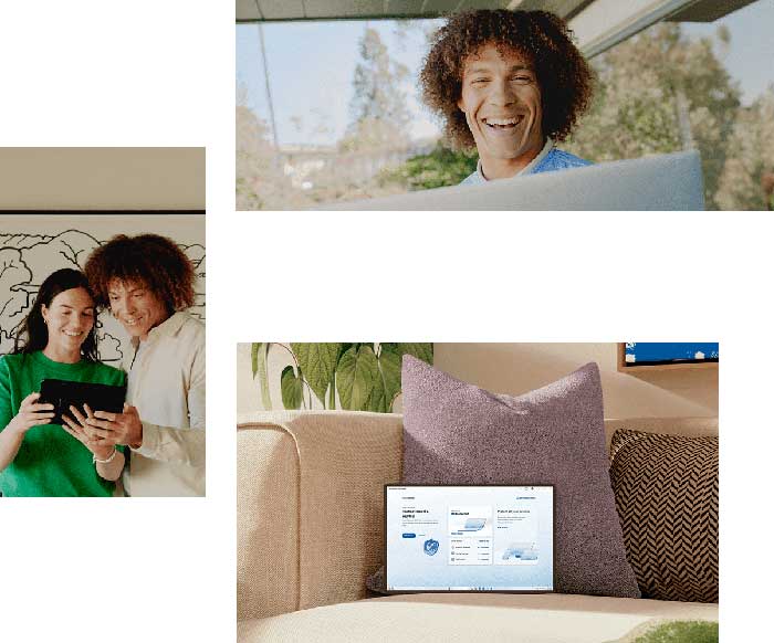 Na zdjęciu widać: uśmiechniętego mężczyznę z planami, parę przeglądającą tablet oraz tablet na kanapie.