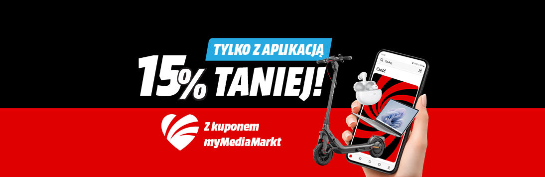15% taniej! tylko z aplikacją. Z kuponem myMediaMarkt. Telefon trzymany w dłoni i produkty wyskakujące z ekranu.