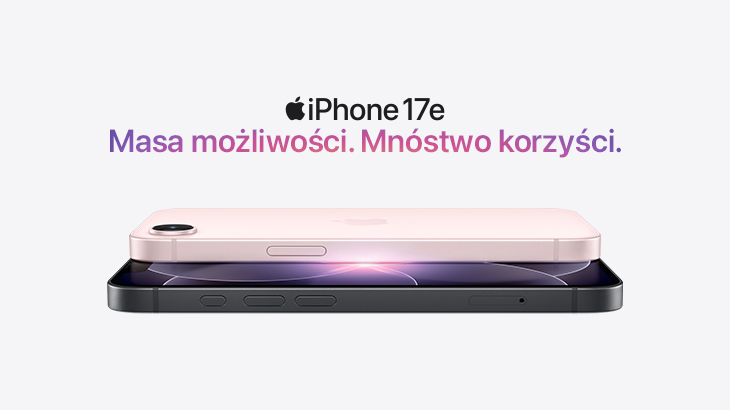 iPhone 17e masa możliwości. Mnóstwo korzyści. Różowy iPhone w poziomie nad innym czarnym iPhonem.