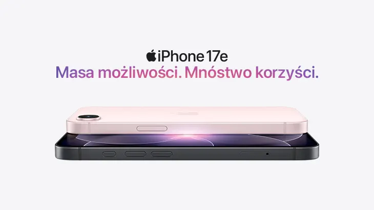 iPhone 17e masa możliwości. Mnóstwo korzyści. Różowy iPhone w poziomie nad innym czarnym iPhonem.