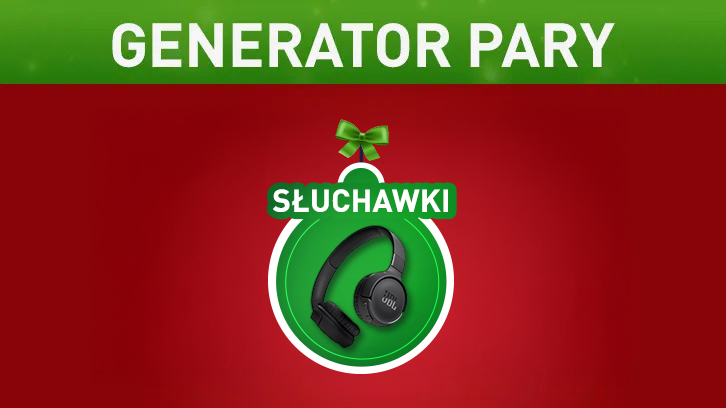 Czerwone tło z zielonymi elementami: napis "Generator Pary", kokarda i słuchawki w okręgu z napisem "Słuchawki".