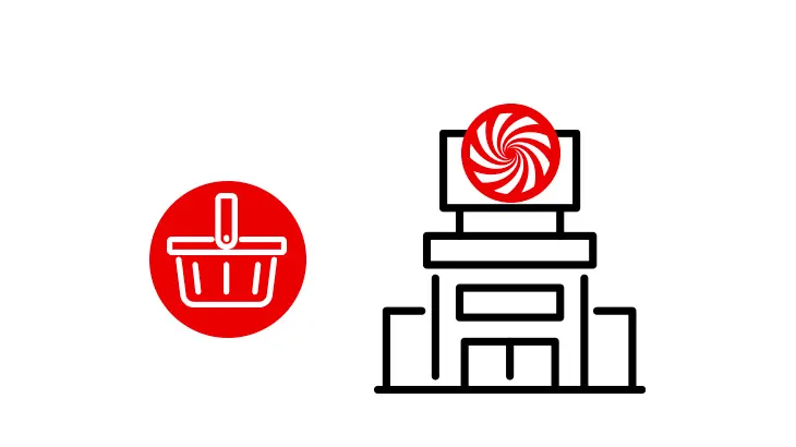 Ikony przedstawiają sklep z logo w kształcie lizaka i czerwony koszyk na zakupy.