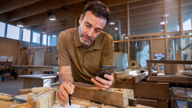 Mężczyzna w brązowej koszuli używa smartfona w warsztacie stolarskim. Na stole leżą narzędzia i drewno. W tle okna i drewniana konstrukcja.