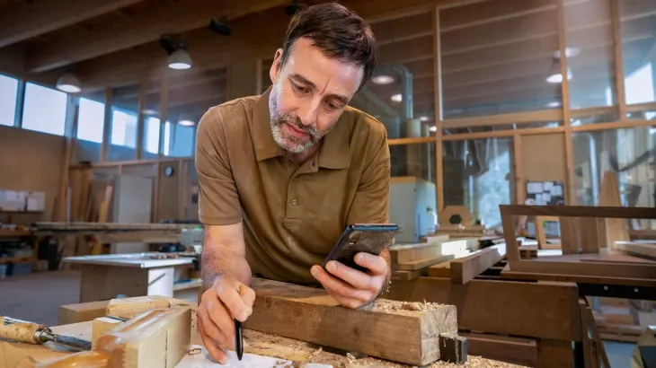 Mężczyzna w brązowej koszuli używa smartfona w warsztacie stolarskim. Na stole leżą narzędzia i drewno. W tle okna i drewniana konstrukcja.
