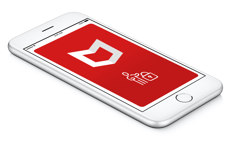 Biały smartfon leży na białym tle. Na czerwonym ekranie widnieje białe logo i ikona kłódki.