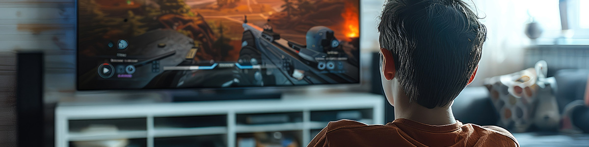 Chłopiec ogląda na telewizorze grę akcji. Telewizor stoi na białej szafce RTV. W tle widać okno i kanapę.