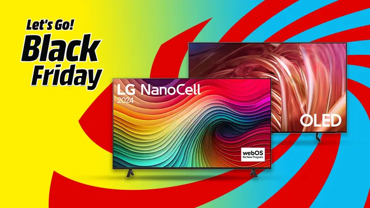 Plakat reklamowy z telewizorami LG NanoCell i OLED na tle w kolorach żółtym, zielonym, czerwonym i niebieskim. Napis "Black Friday".