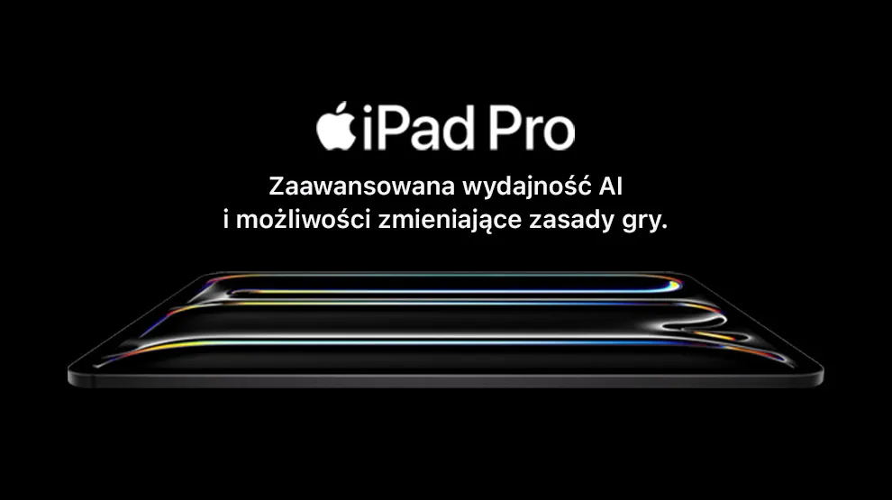 iPad Pro Zaawansowana wydajność AI i możliwości zmieniające zasady gry. odkryj więcej; na czarnym tle iPad Apple