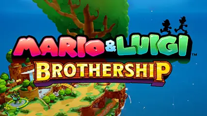 Logo gry Mario & Luigi: Brothership na tle niebieskiego nieba. Na logo znajduje się mała wyspa z zielenią i drzewami.