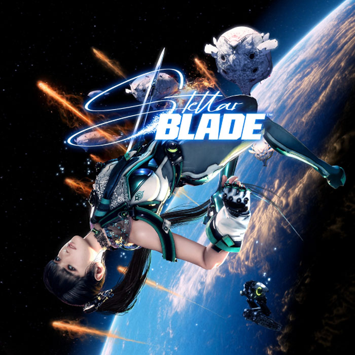 Na tle planety i kosmosu kobieta w kombinezonie, obok niej lewitują obiekty i logo "Stellar Blade".