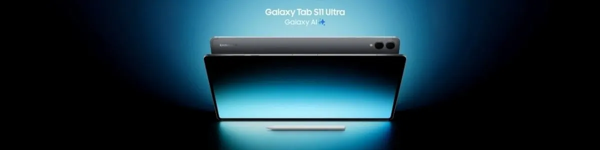 Premierowy Samsung Galaxy Tab S11 Ultra na czarno-granatowym tle, przed nim nowy rysik S-Tab.