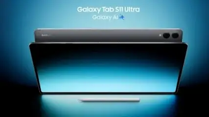 Premierowy Samsung Galaxy Tab S11 Ultra na czarno-granatowym tle, przed nim nowy rysik S-Tab.