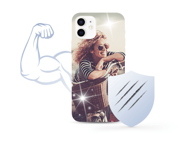 Etui na telefon z nadrukiem kobiety opierającej się o rower, obok ikony bicepsu i tarczy ochronnej.