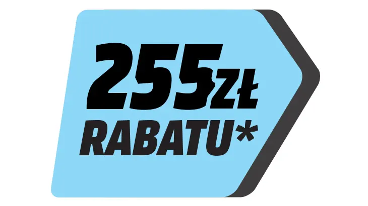 Niebieska strzałka z czerwoną obwódką. Na niej czarny napis „255 zł RABATU*”. Komunikat o zniżce.