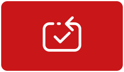 Czerwone tło z zaokrąglonymi rogami zawiera białą ikonę kwadratu z odwróconą strzałką i zaznaczeniem wewnątrz.