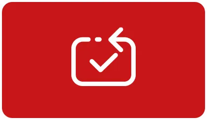 Czerwone tło z zaokrąglonymi rogami zawiera białą ikonę kwadratu z odwróconą strzałką i zaznaczeniem wewnątrz.