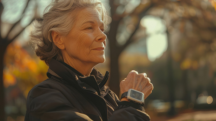 Kobieta w kurtce patrzy w górę, na nadgarstku ma zegarek. W tle drzewa i rozproszone światło.