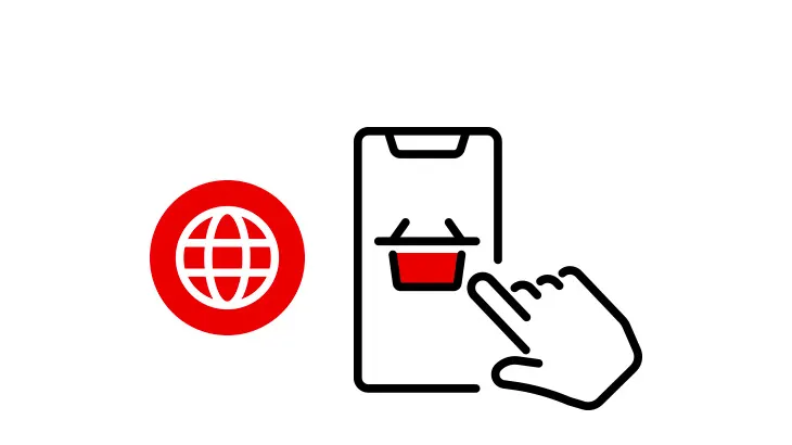 Ikona globu w czerwonym kółku obok telefonu z koszykiem i dotykającej go dłoni, na białym tle.