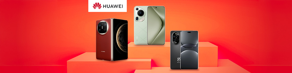 Na czerwonym tle ustawione są trzy smartfony Huawei na pomarańczowych podestach.