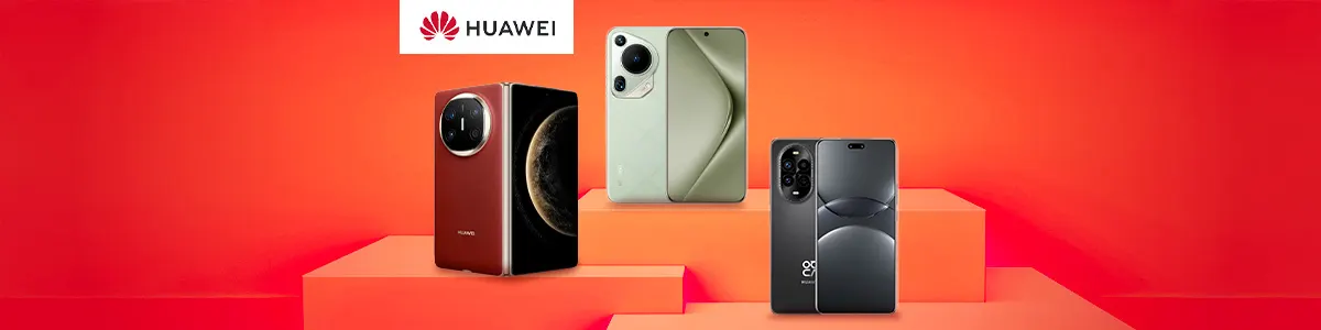 Na czerwonym tle ustawione są trzy smartfony Huawei na pomarańczowych podestach.