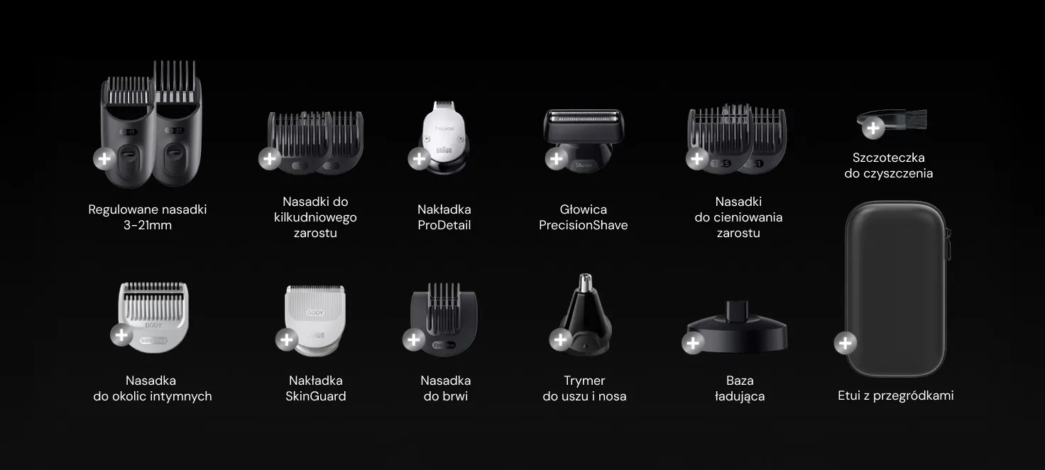 Różnorodne nasadki, jakie znajdują się w zestawie umożliwiają stworzenie wszechstronnych stylizacji.