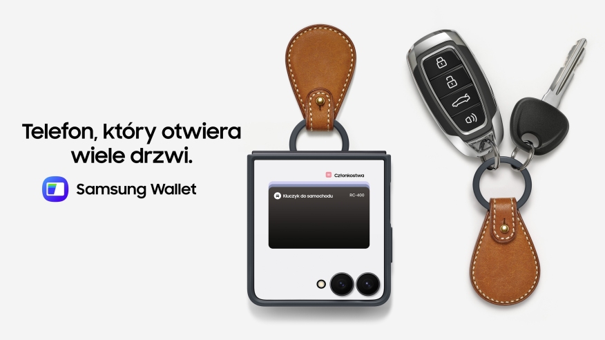 Złożony smartfon Samsung Galaxy Flip obok kluczyków samochodowych. Napis: telefon, który otwiera wiele drzwi - Samsung Wallet.