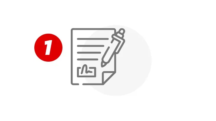 Na białym tle ikona dokumentu z podpisem i długopisem oraz czerwone koło z numerem 1.