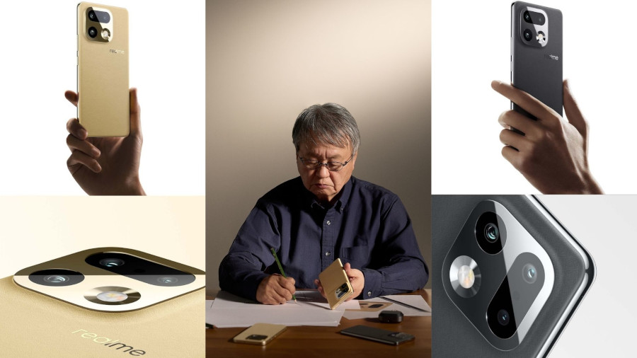 Kompozycja zdjęć przedstawiająca smartfony Realme. W centrum siedzi starszy mężczyzna Naoto Fukasawa, trzymając w dłoni złoty telefon i rysując. Po bokach umieszczono zdjęcia telefonów: z lewej strony złoty smartfon w dłoni, poniżej zbliżenie na jego moduł aparatów w kształcie litery "Y". Z prawej strony ciemnoszary telefon w dłoni, poniżej zbliżenie na jego charakterystyczny moduł aparatów w kształcie