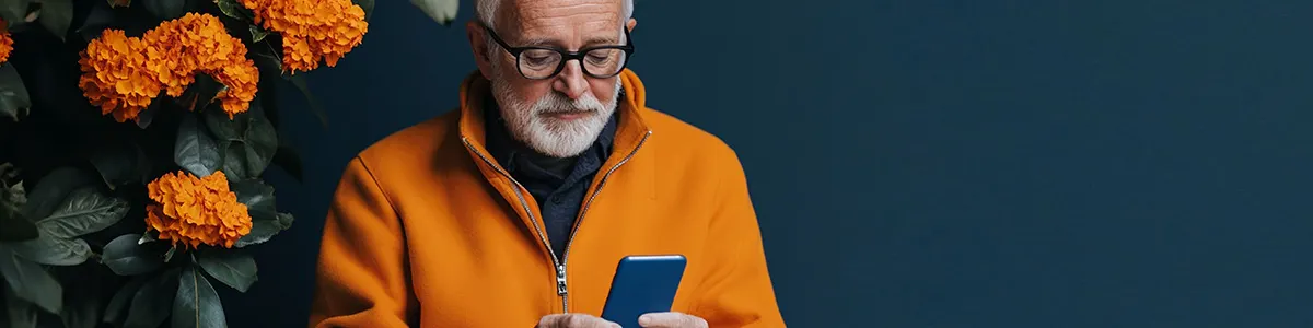 Mężczyzna w okularach i pomarańczowej bluzie patrzy na telefon na tle granatowej ściany i pomarańczowych kwiatów.