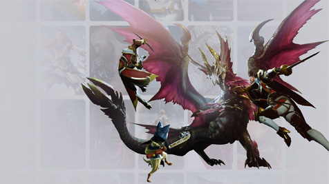 Na obrazie widać postacie z gry wideo, w tym smoka ze skrzydłami i dwóch wojowników w czerwonych strojach, atakujących go mieczami.