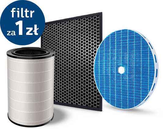 Na białym tle filtry powietrza: cylindryczny, prostokątny z otworami i okrągły, niebieski. W lewym górnym rogu okrągły napis "filtr za 1 zł".