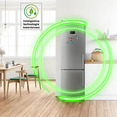 Wnętrze kuchni z drewnianym stołem, krzesłami i szarą lodówką dwudrzwiową. Widoczne logo "Inteligentna technologia inwerterowa".