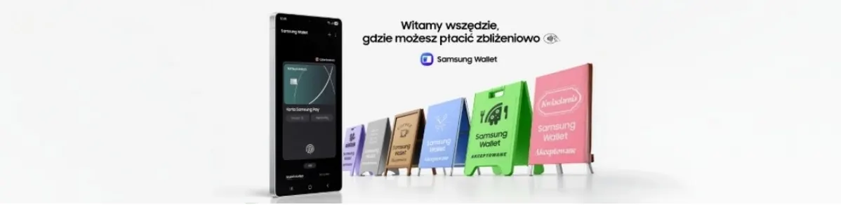 Grafika przedstawiająca smartfon Samsung obok kolorowych tablic z informacjami o funkcjach Samsung Wallet.