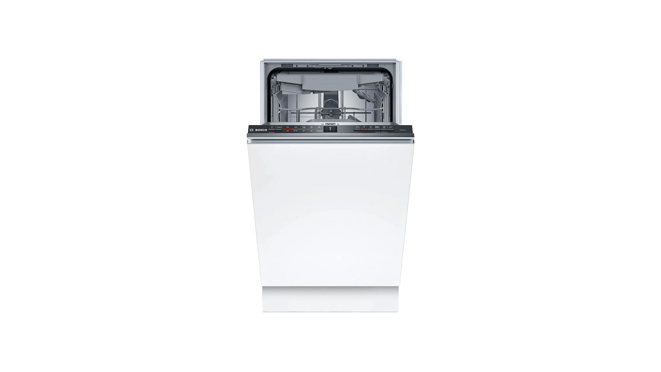 Biała otwarta zmywarka Bosch na białym tle.