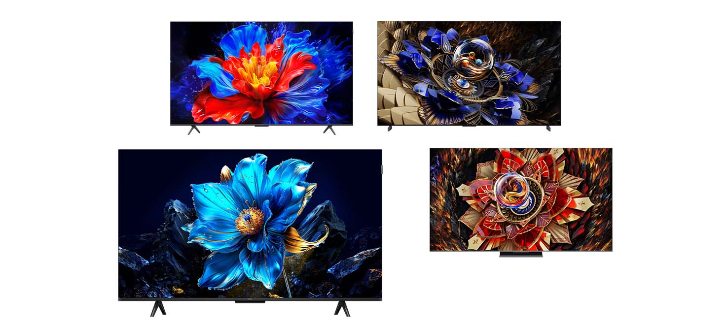 Cztery telewizory TLC, każdy wyświetlający inny kwiecisty wzór