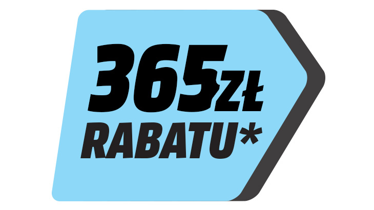 Błękitna strzałka z czerwoną obwódką, na której widnieje czarny napis "365 zł RABATU*".