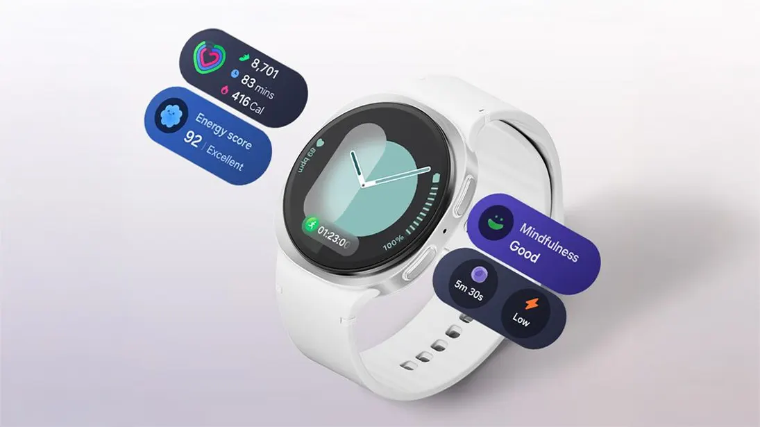 Zegarek Samsung Galaxy Watch8 z wizualizacją funkcji zdrowotnych.