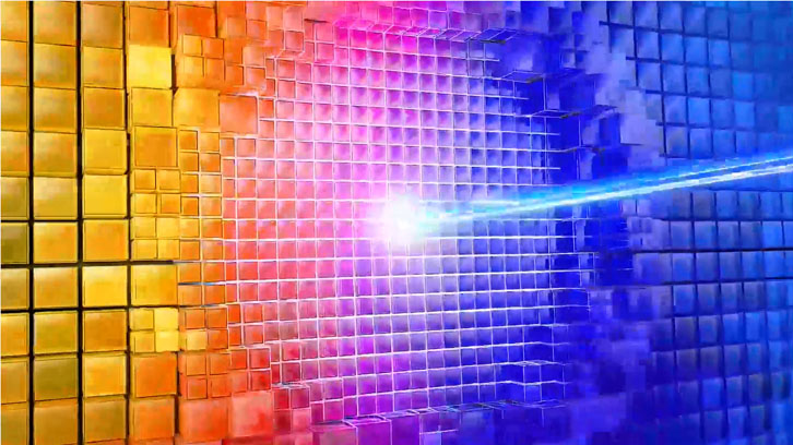 Abstrakcyjne tło z pikseli przechodzących od żółtego przez różowy do niebieskiego. Pośrodku biała poświata i niebieska smuga.